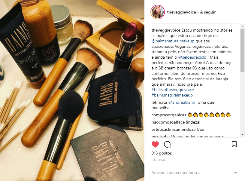 Post da Alana Rox, do programa The Veggie Voice (GNT) sobre a marca de cosméticos Baims